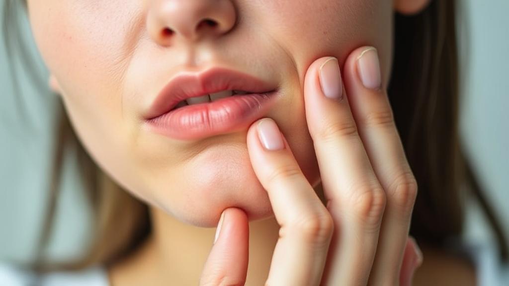 A close-up image of a person gently touching their cheek, with a subtle expression of discomfort, symbolizing post-extraction pain.