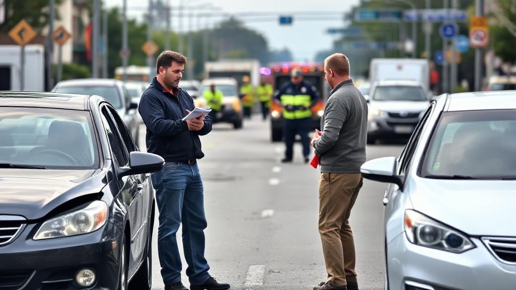 A concerned driver stands beside two slightly damaged cars on a busy street, exchanging information with another driver while emergency services approach in the background.
