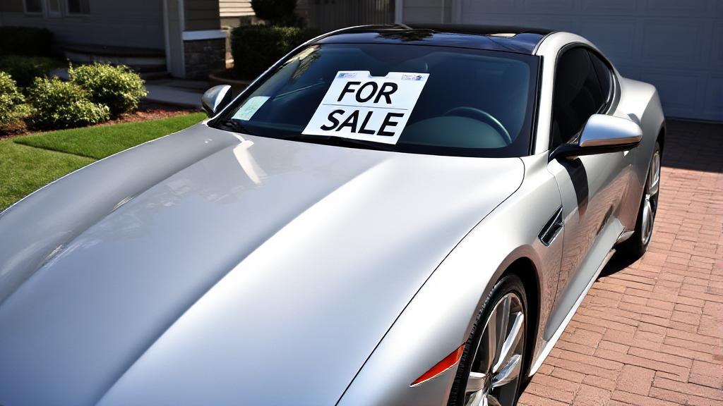 A sleek car parked in a driveway with a "For Sale" sign in the windshield, surrounded by price tags and valuation symbols.
