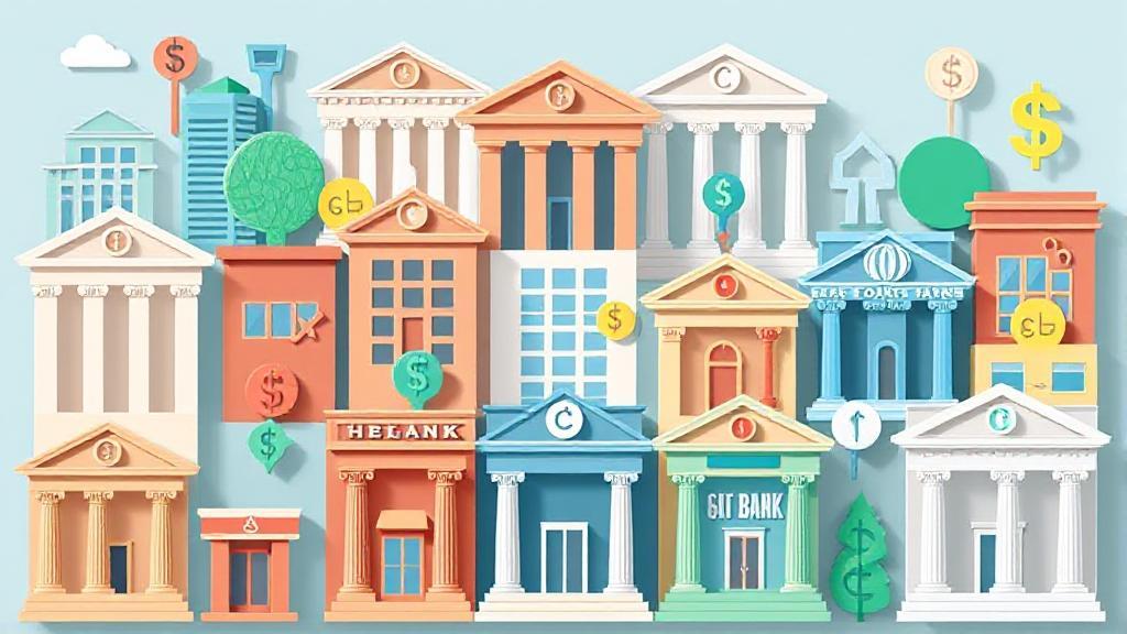 A diverse array of bank buildings and financial symbols, illustrating the variety of banking options available to consumers.
