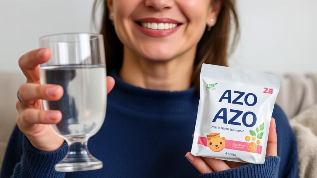 A close-up image of a woman looking relieved while holding a glass of water and an Azo package, set against a soft, calming background.