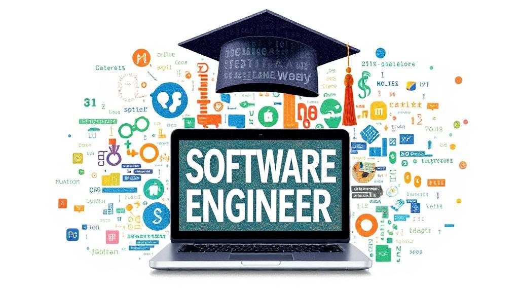 A dynamic collage of coding symbols, a laptop, and a graduation cap, symbolizing the journey to becoming a software engineer.