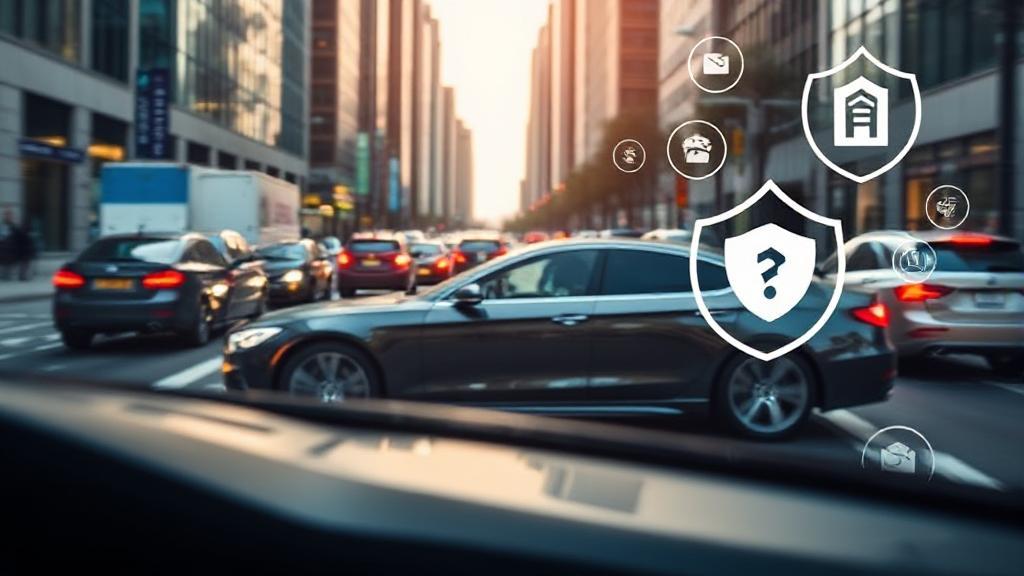 A sleek car navigating a busy city street, symbolizing protection and security, with a subtle overlay of insurance-related icons.