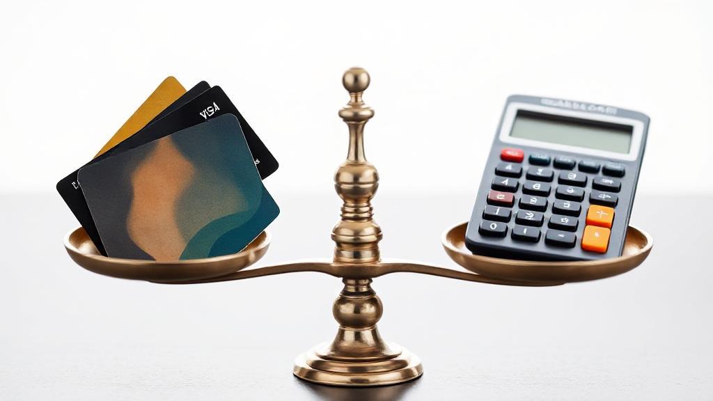 A balanced scale with credit cards on one side and a calculator on the other, symbolizing the equilibrium in managing credit limits.