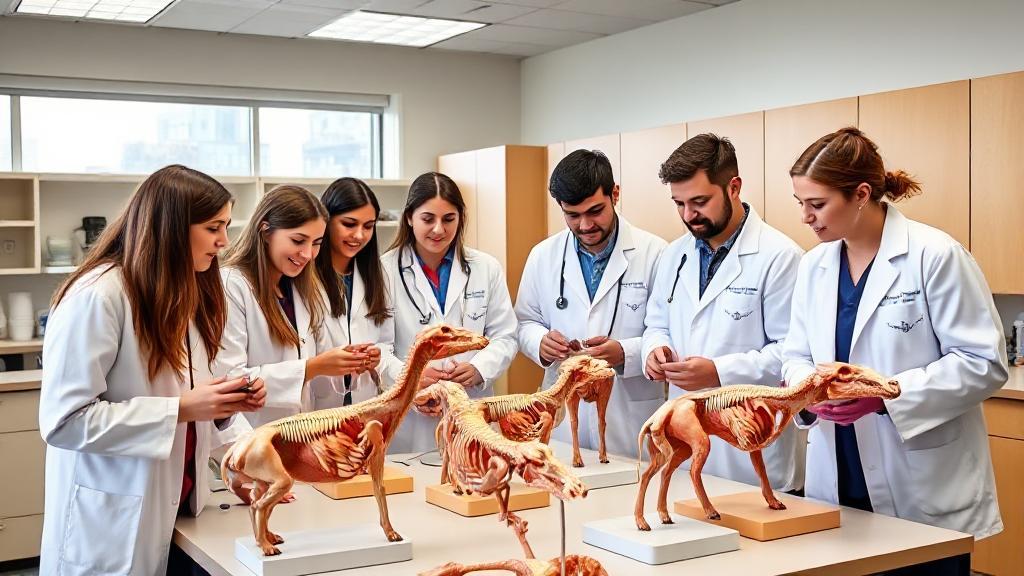 A diverse group of veterinary students in lab coats studying animal anatomy models in a bright, modern classroom.
