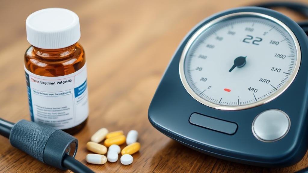 A close-up image of a blood pressure monitor next to a bottle of Cialis pills on a wooden table.