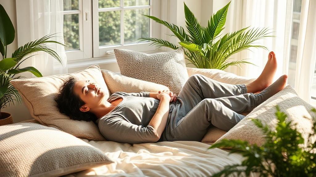 A serene person lounging peacefully in a sunlit room, surrounded by cozy cushions and soft greenery, embodying calm and relaxation.
