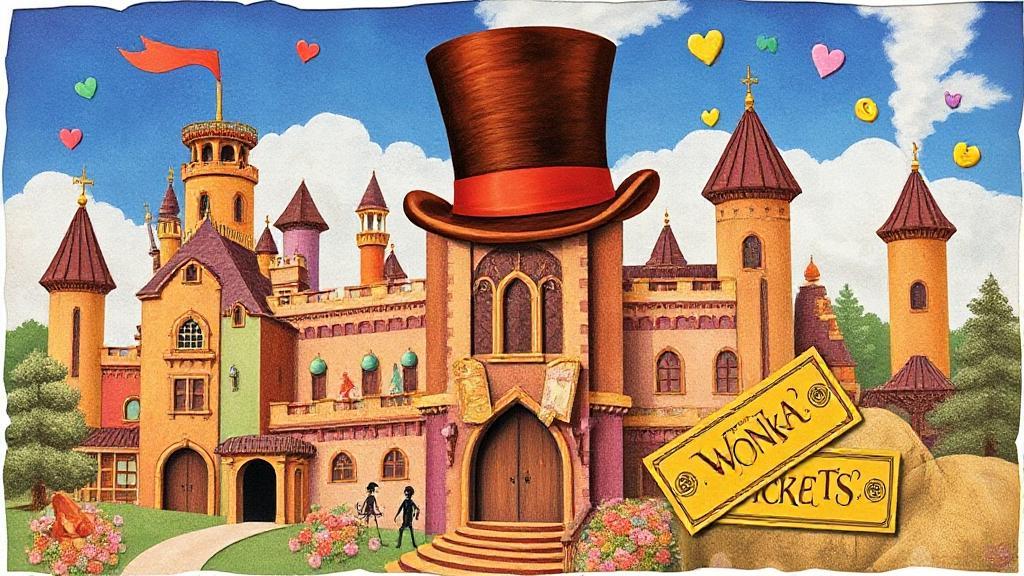 A whimsical collage featuring a colorful chocolate factory, a top hat, and golden tickets, capturing the enchanting essence of the movie "Wonka."