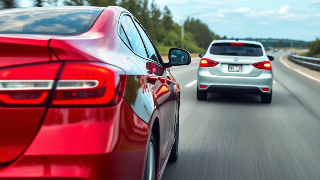 A dynamic image of a car closely following another on a highway, illustrating the concept of tailgating in traffic.
