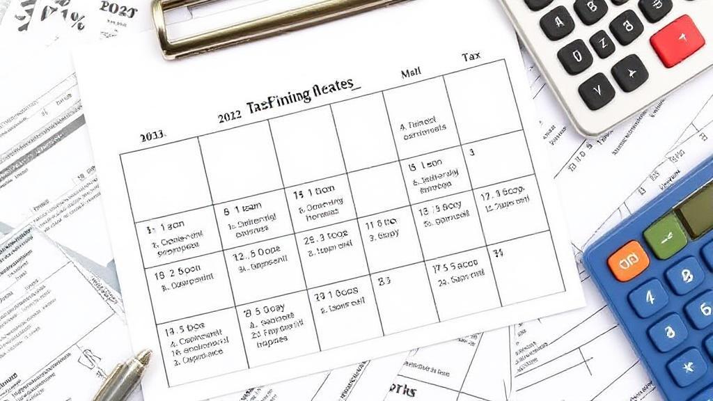 A calendar marked with important tax filing dates for 2023, surrounded by tax forms and a calculator.