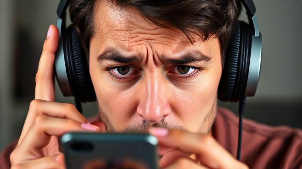 A frustrated user with headphones, staring at a paused Spotify app on their smartphone screen.