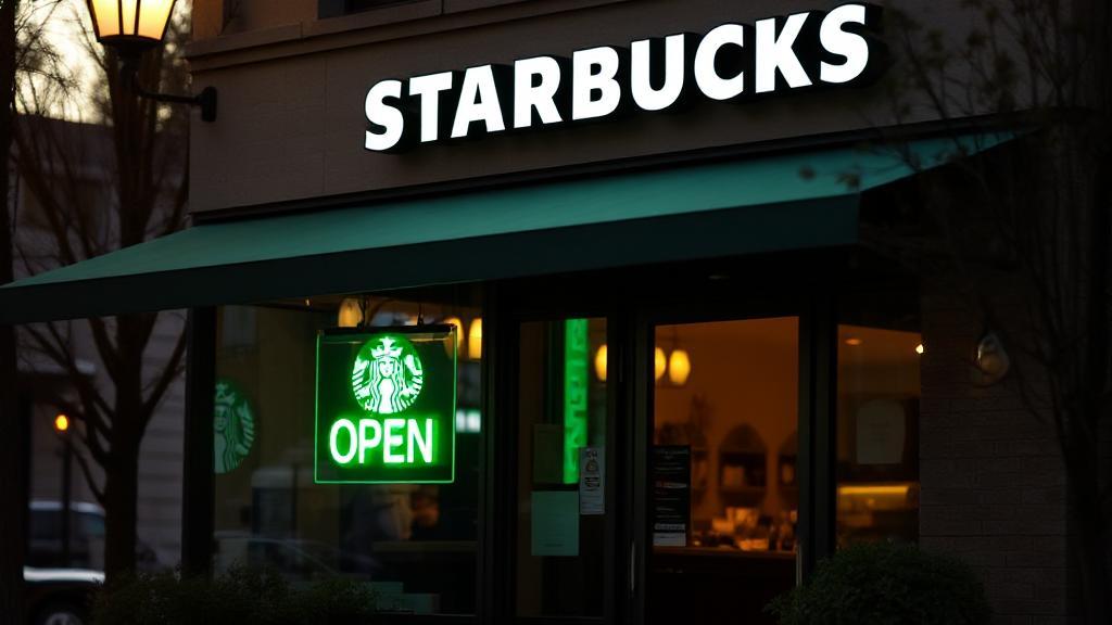 A cozy Starbucks storefront at dawn with a "Now Open" sign, inviting early risers for their morning coffee fix.