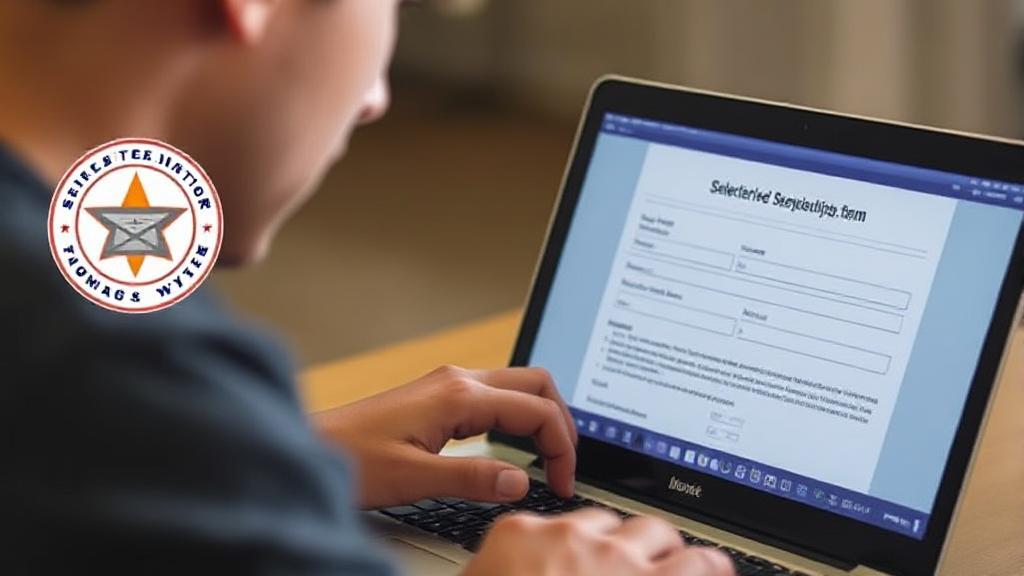 A young man filling out a registration form on a laptop, with the Selective Service System logo visible on the screen.
