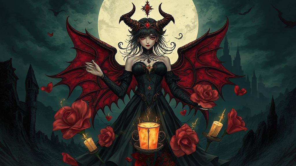A captivating illustration of a complex villainess character, surrounded by symbols of love and intrigue, set against a backdrop of a dark, mysterious landscape.