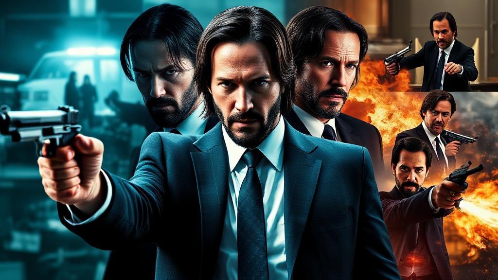 A dynamic collage of iconic action scenes featuring John Wick, showcasing Keanu Reeves in his signature suit and intense expressions.