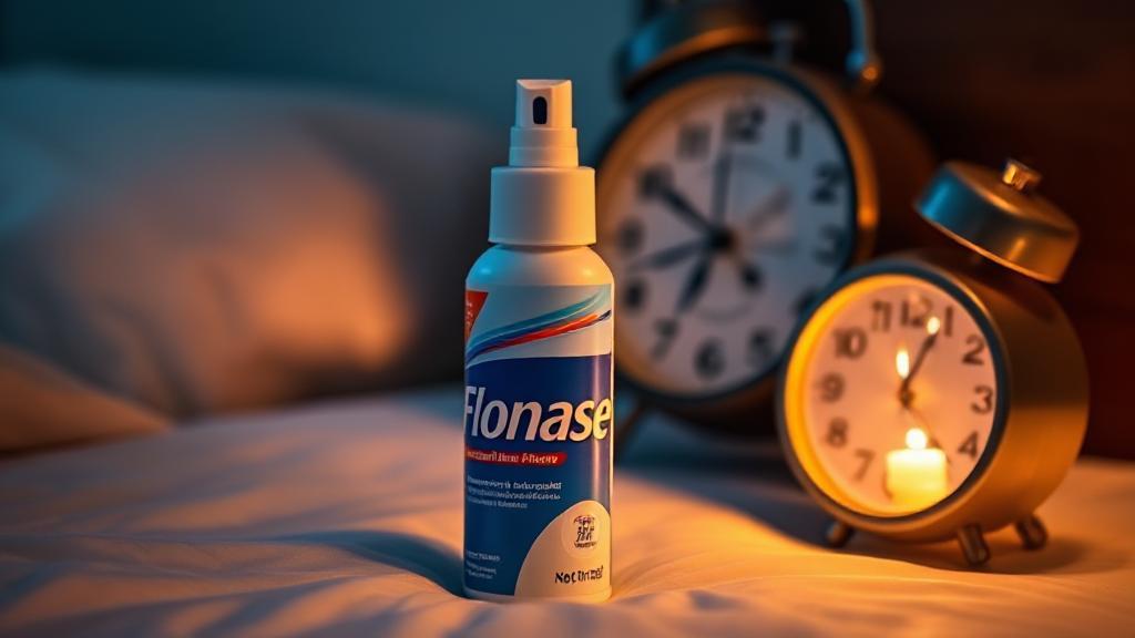 A close-up of a Flonase nasal spray bottle on a bedside table, with a blurred background of a clock showing late-night hours.