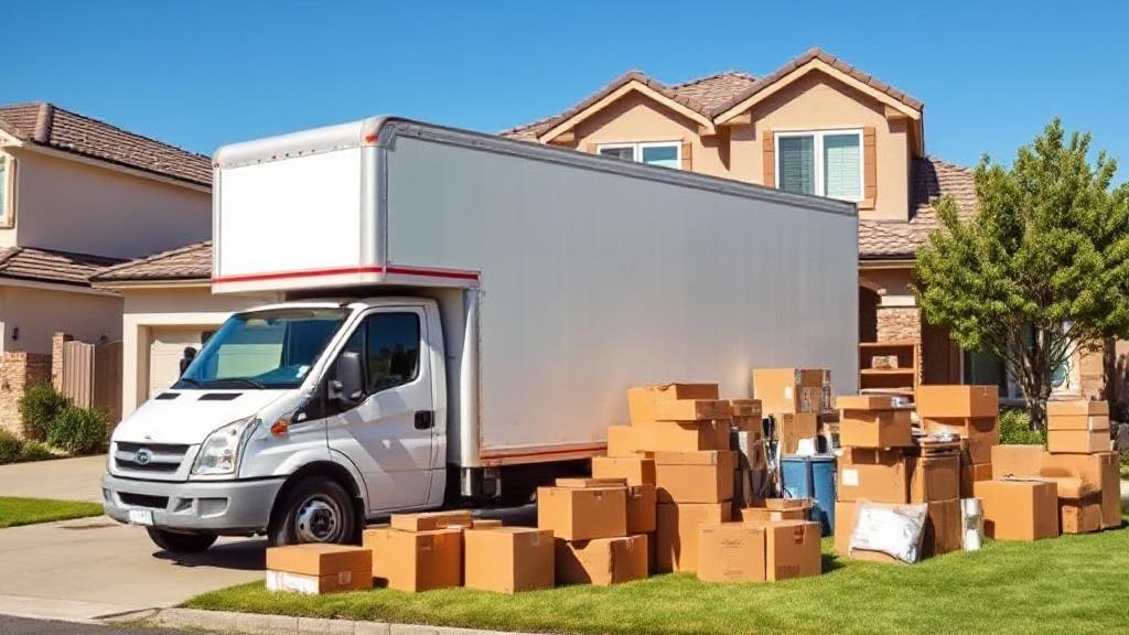 A moving truck parked in front of a suburban house, surrounded by packed boxes and furniture, under a clear blue sky.