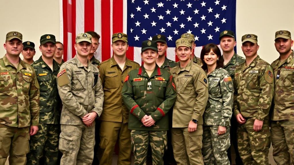 A diverse group of military personnel from different branches standing together, each in their distinct uniforms, against a backdrop of the American flag.