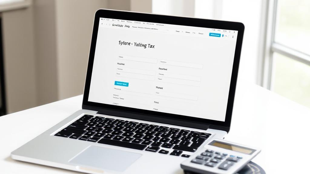 A laptop displaying a tax filing website with a credit card and calculator beside it.