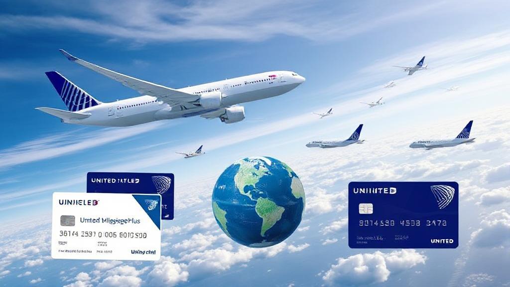A dynamic collage of United Airlines planes soaring through the sky, interspersed with MileagePlus loyalty cards and a globe, symbolizing the global reach and value of United MileagePlus miles.