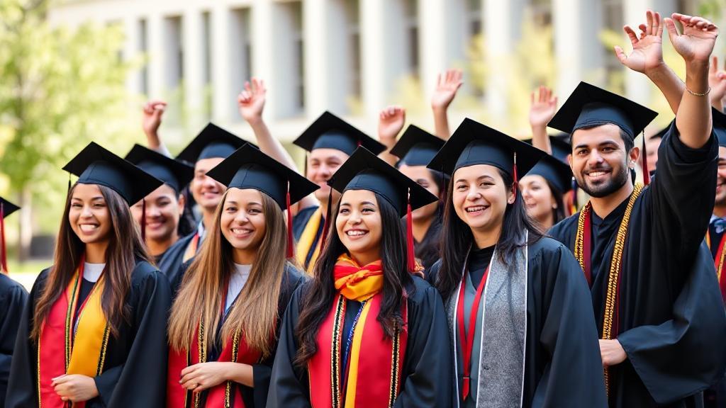 A diverse group of students in graduation caps and gowns celebrating their MBA achievement on a university campus.
