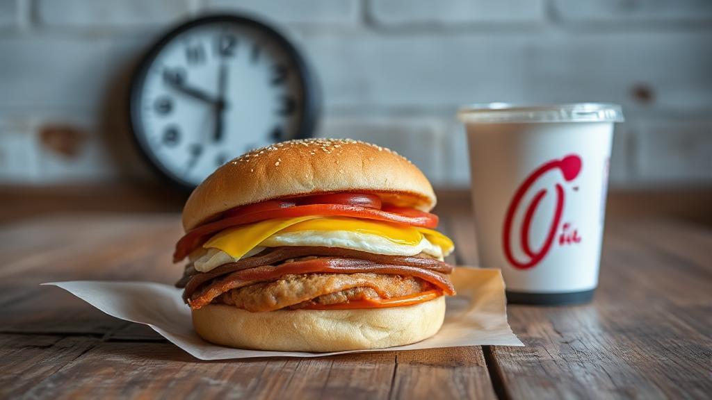 A close-up shot of a Chick-fil-A breakfast sandwich and coffee on a rustic wooden table, with a clock showing 10:30 AM in the background.