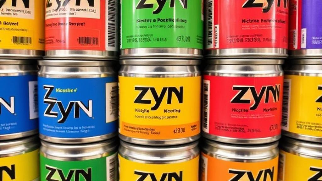 A close-up image of various Zyn nicotine pouch cans arranged in a neat stack, highlighting their colorful labels and price tags.