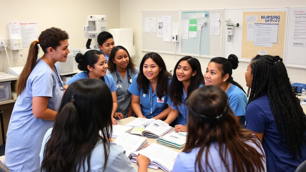 A diverse group of students engaged in a lively classroom discussion, surrounded by nursing textbooks and medical equipment.