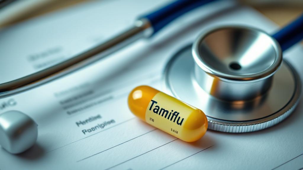 A close-up of a Tamiflu capsule against a backdrop of a stethoscope and a doctor's prescription pad.