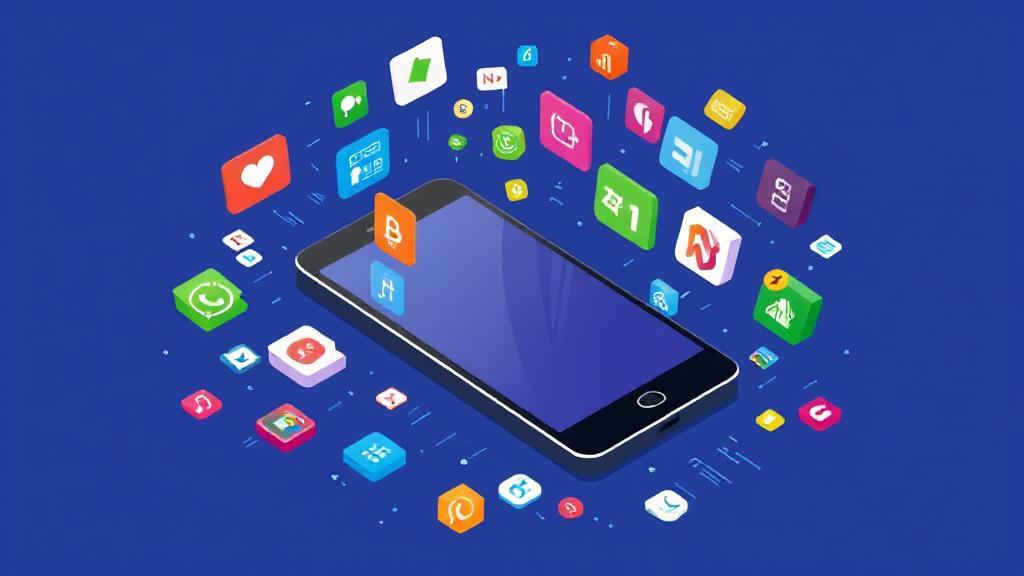 A vibrant illustration of a smartphone surrounded by app icons and coding symbols, symbolizing the app development process.