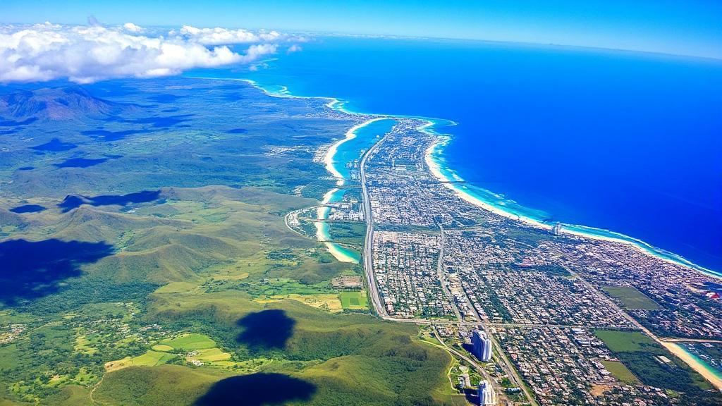 A breathtaking aerial view of Oahu's lush landscapes, pristine beaches, and vibrant cityscape of Honolulu under a clear blue sky.