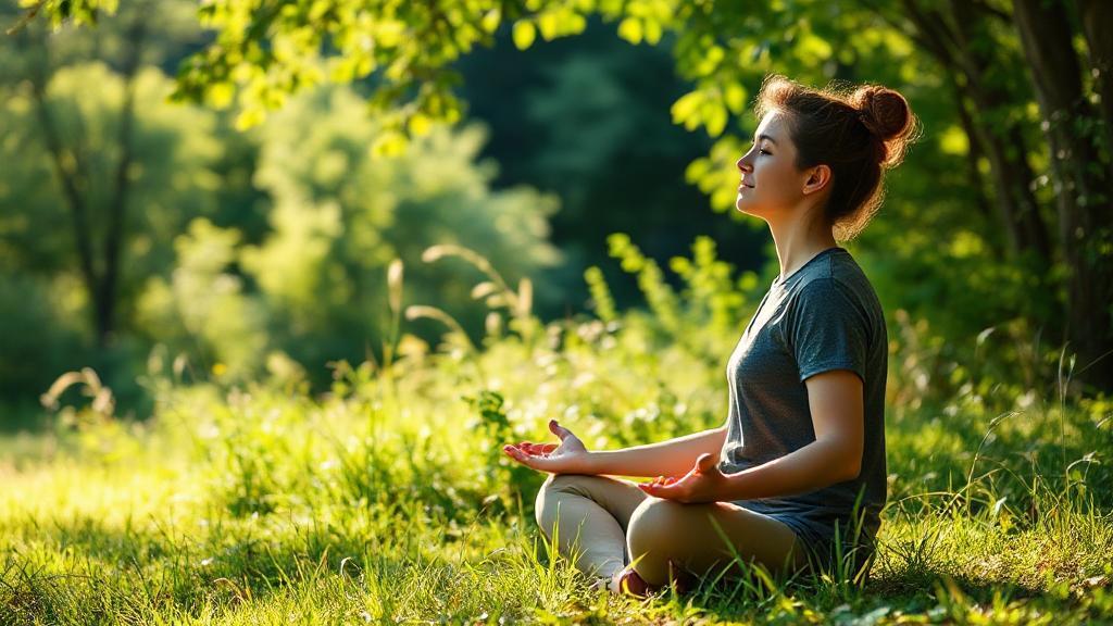 A serene nature scene with a relaxed person meditating outdoors, surrounded by greenery and soft sunlight.
