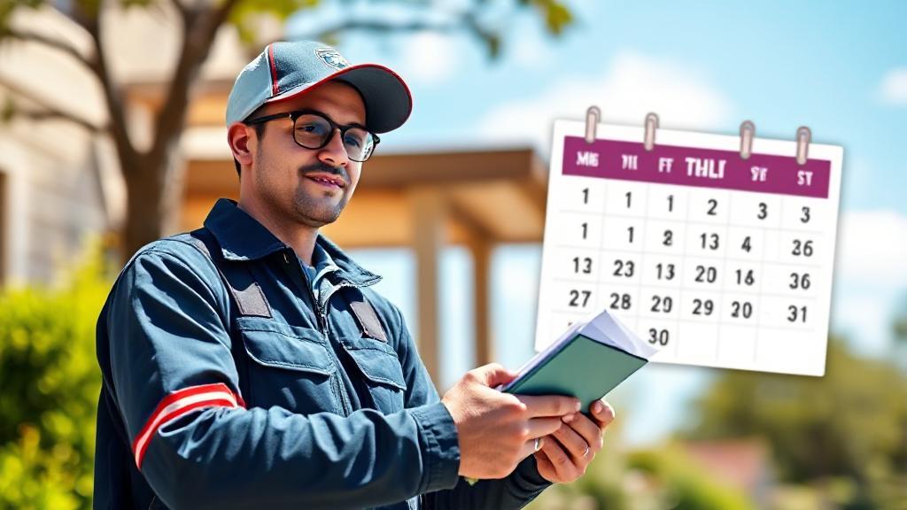 A postal worker delivering mail on a sunny day, with a calendar in the background highlighting today's date.