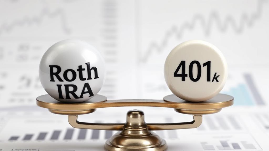 A balanced scale with a Roth IRA symbol on one side and a 401(k) symbol on the other, set against a backdrop of financial charts.