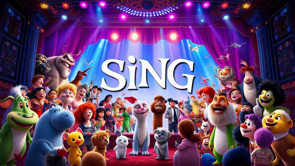 A vibrant collage of animated characters from the movie "Sing" set against a backdrop of a dazzling stage.
