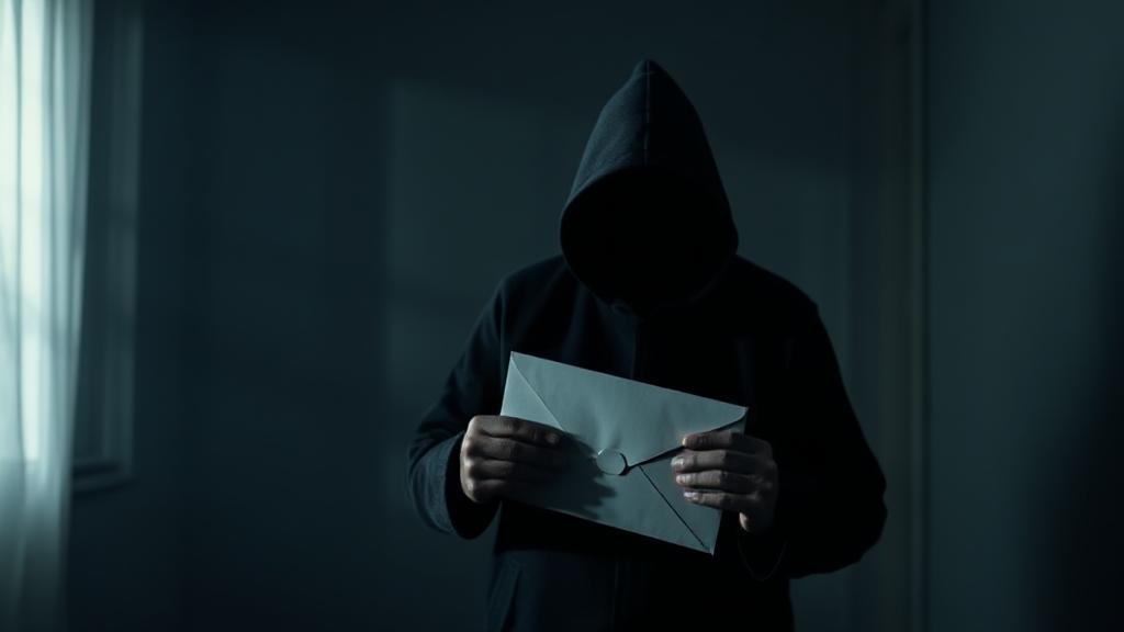 A shadowy figure holding an envelope in a dimly lit room, symbolizing secrecy and coercion.