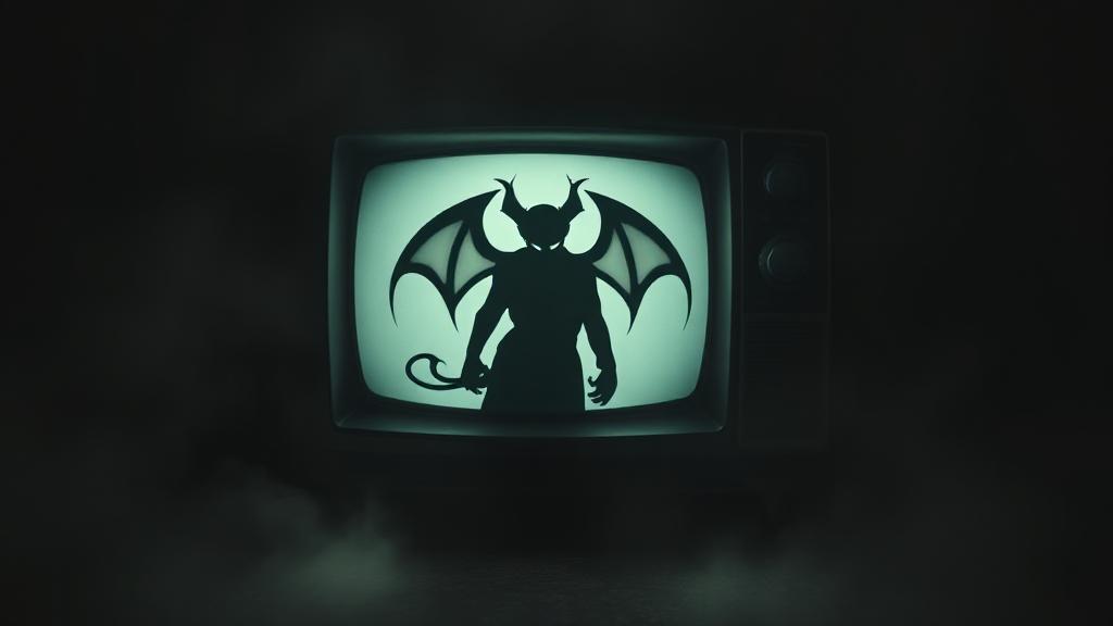 A dimly lit television set with a vintage aesthetic, featuring a devilish silhouette on the screen, surrounded by eerie shadows.