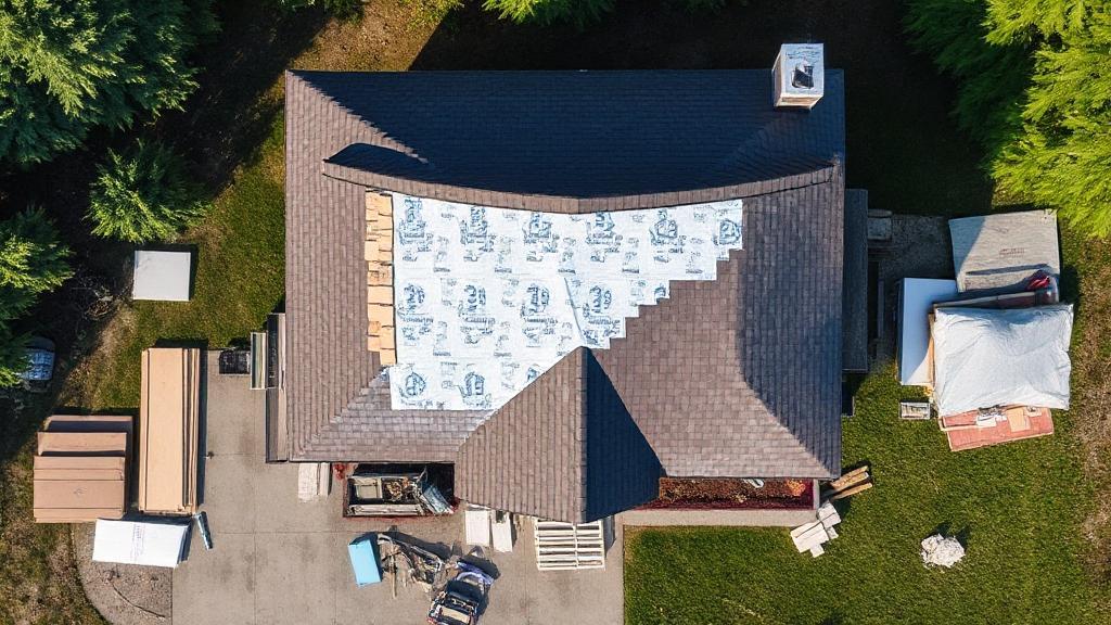 Aerial view of a house with a partially completed roof installation, surrounded by construction materials and tools.