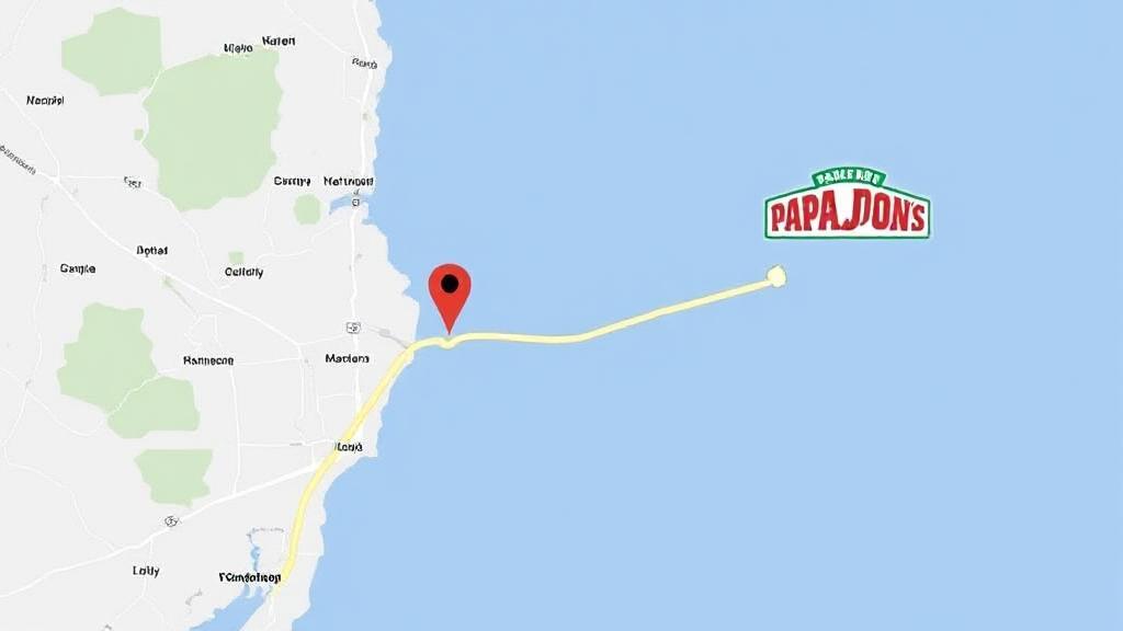 A map with a highlighted route leading to a Papa John's pizza store.