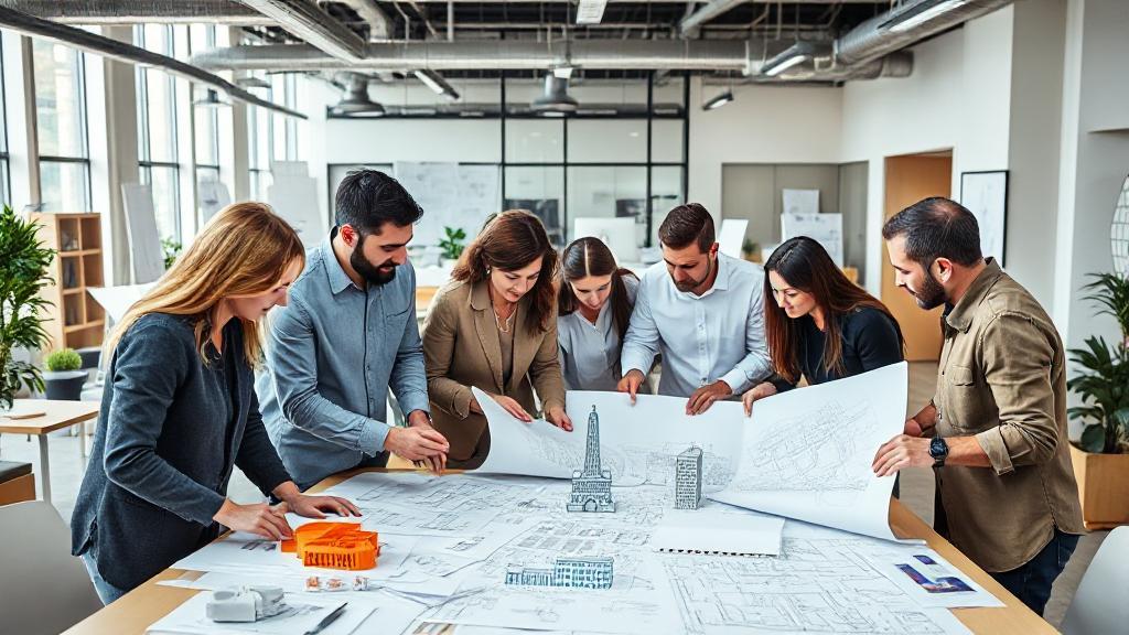 A diverse group of architects collaborating over blueprints and digital models in a modern office setting.