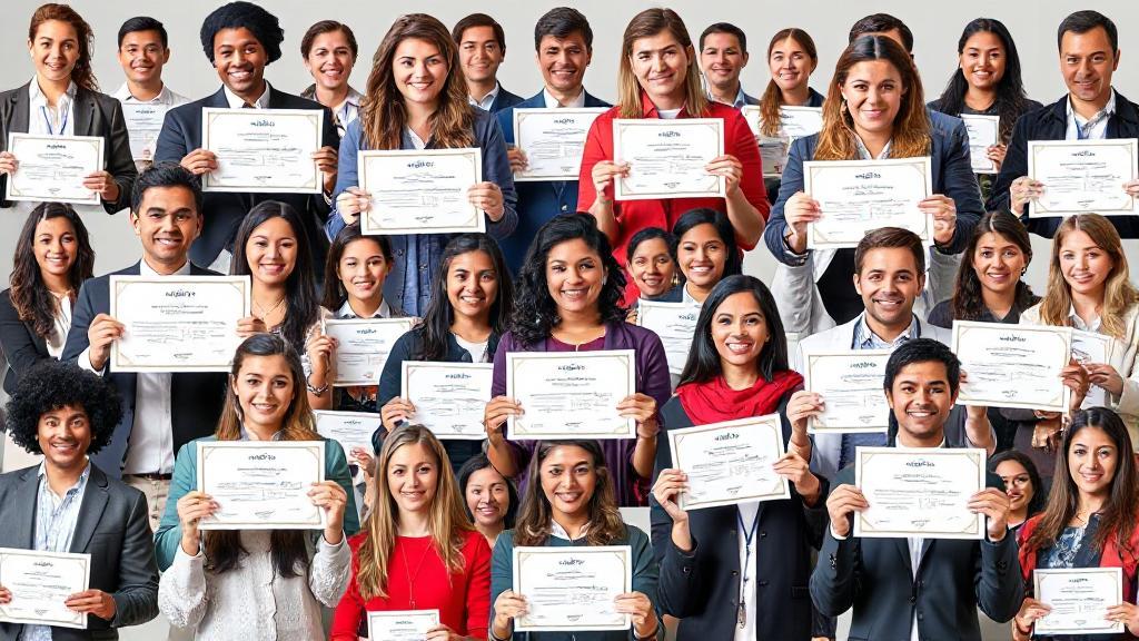 A dynamic collage of diverse professionals holding certificates, symbolizing career advancement and success.