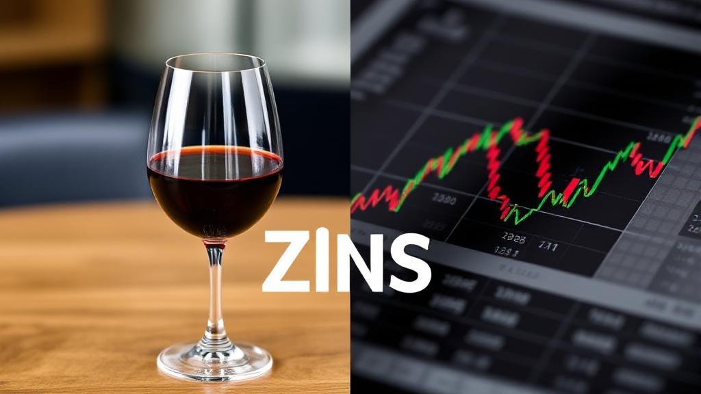 A split-image featuring a glass of Zinfandel wine on one side and financial charts on the other, symbolizing the dual context of "Zins."