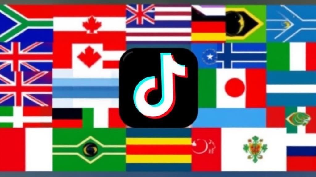 A collage of global flags with a prominent TikTok logo in the center, symbolizing the international debate over the app's future.