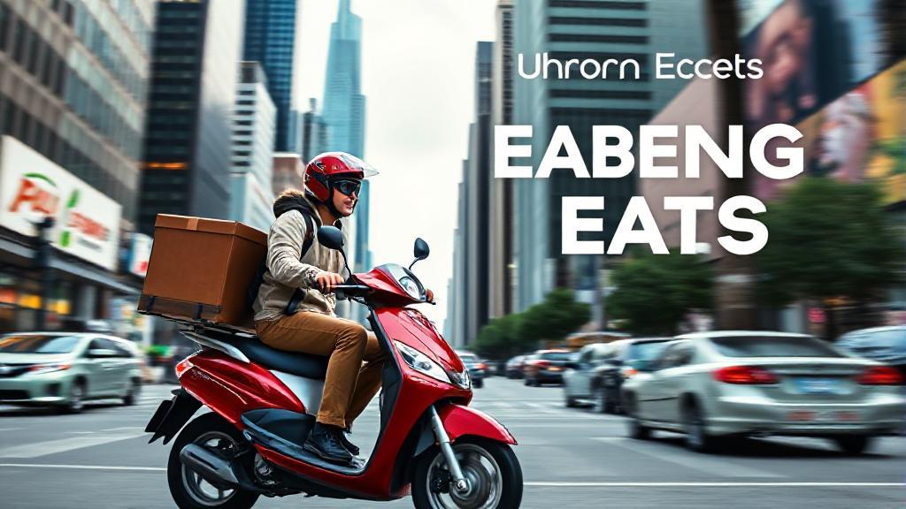 A dynamic image of a delivery driver on a scooter navigating through a bustling cityscape, symbolizing the earning opportunities with Uber Eats.
