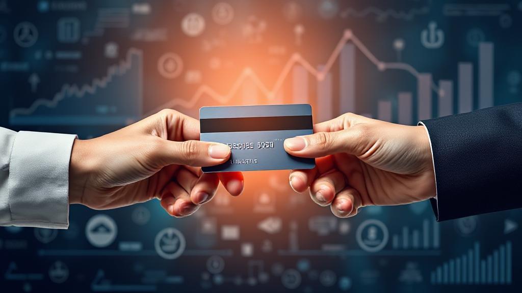 A sleek credit card being transferred between two hands against a backdrop of financial symbols and graphs.
