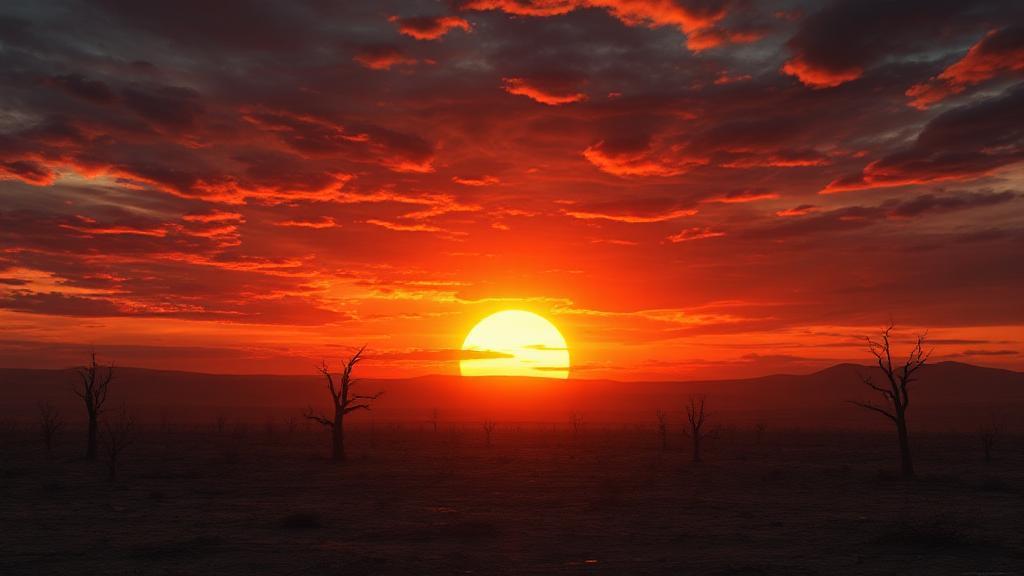 A dramatic sunset over a desolate landscape, symbolizing the enigmatic and speculative nature of apocalyptic theories.