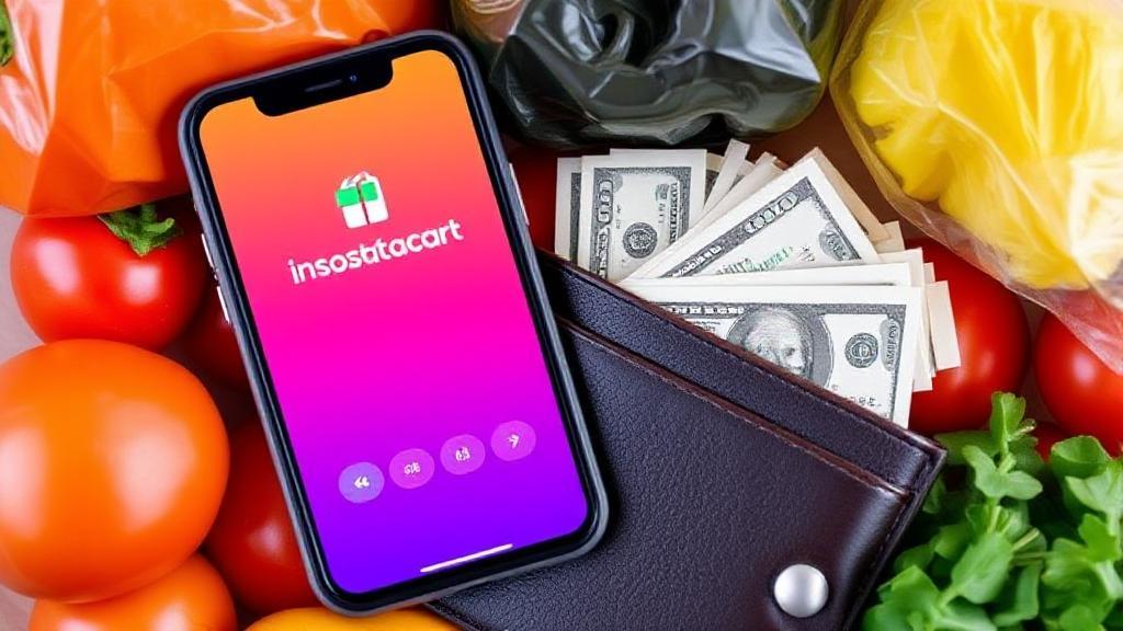 A vibrant image of a smartphone displaying the Instacart app, surrounded by grocery items and a wallet filled with cash, symbolizing potential earnings.