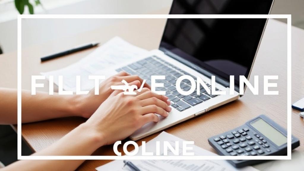 A header image featuring a person using a laptop with tax documents and a calculator on a desk, symbolizing the process of filing taxes online for free.