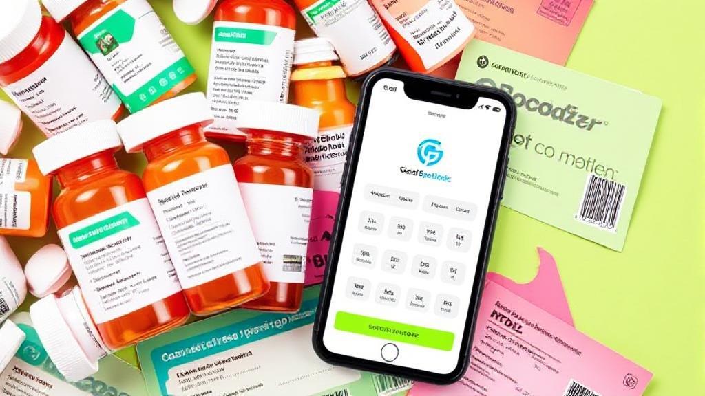 A vibrant collage of prescription bottles, discount cards, and a smartphone displaying the GoodRx app interface.