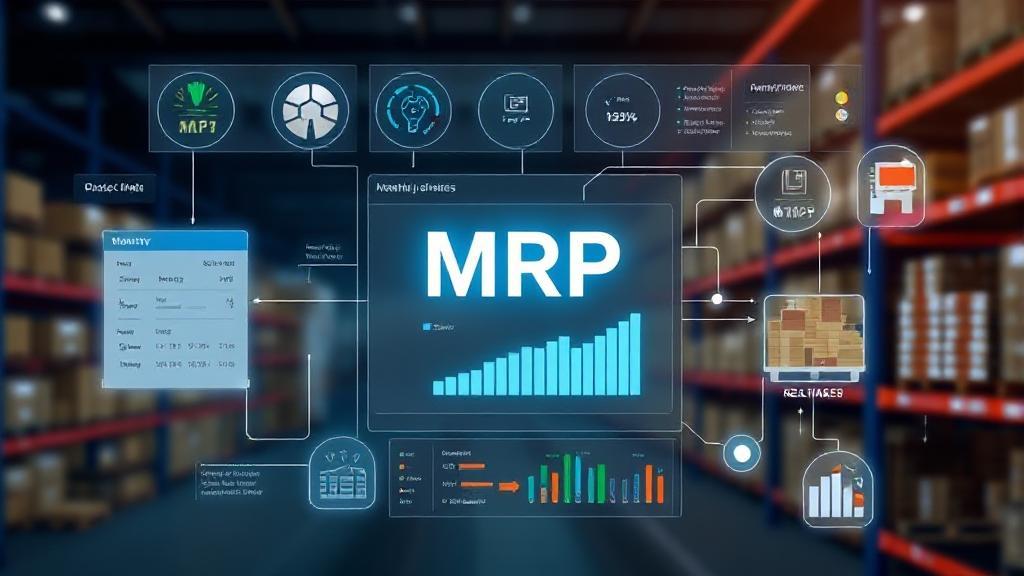 A dynamic illustration of a digital dashboard displaying interconnected supply chain elements and inventory data, symbolizing the efficiency of Material Requirements Planning (MRP) systems.